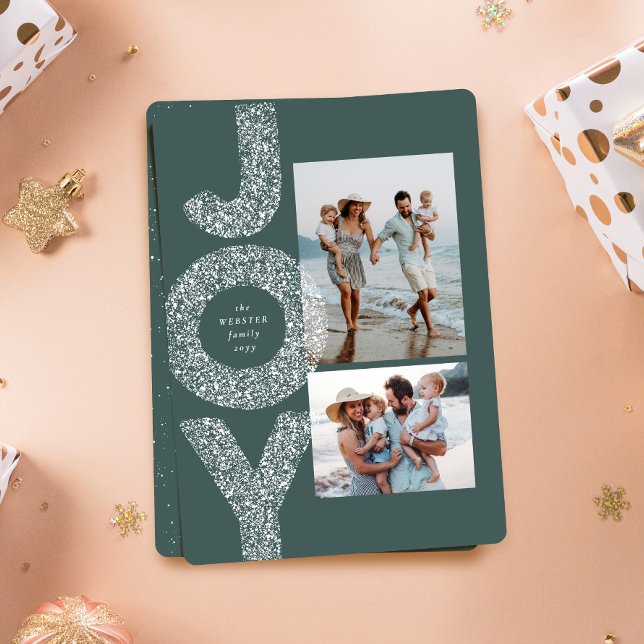 Cartão De Festividades Brincadeira de neve com duas fotos verde Natal (Criador carregado)