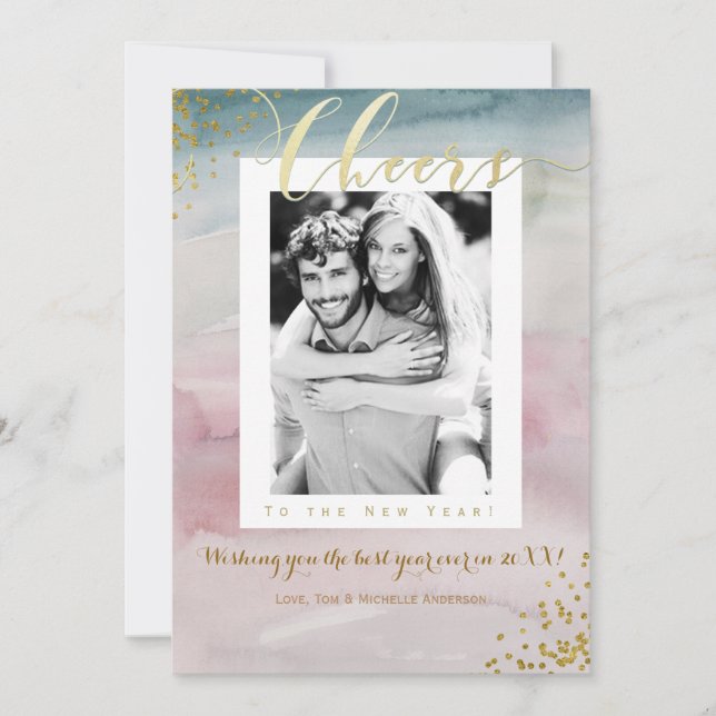 Cartão De Festividades BRINDE ao Ano Novo Foto em Aquarela Glam (Frente)