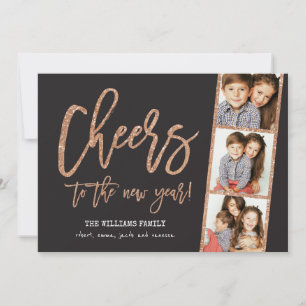Cartão De Festividades Brinde Rose Gold Glitter 3-Foto Filmstrip Feriado