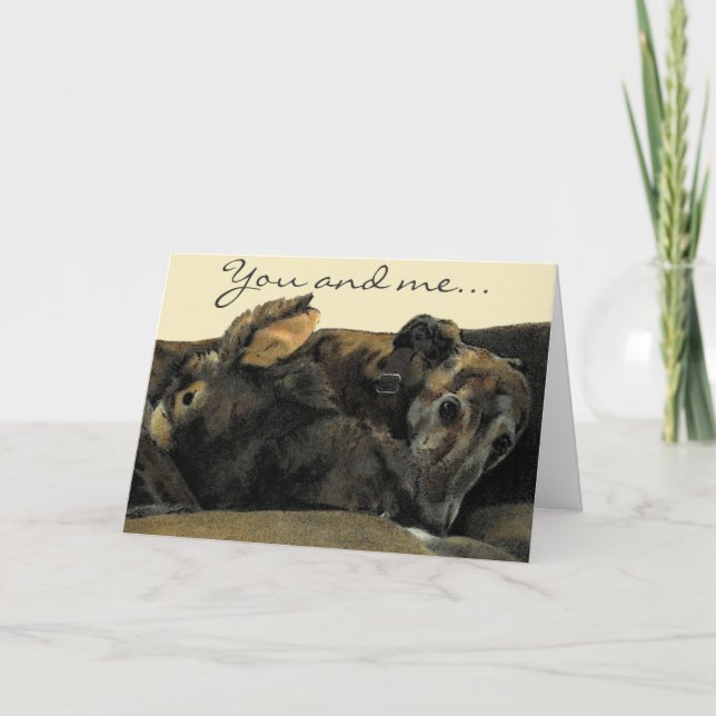 Cartão De Festividades Brindle Greyhound & Bunny Valentine's Day card (Frente)