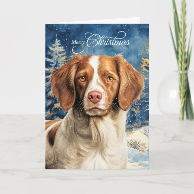 Cartão De Festividades Brittany Spaniel Dog Woodland Forest Christmas (Frente)