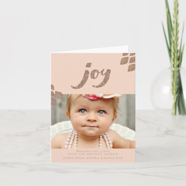 Cartão De Festividades Bronze Glitter Peach Joy Xmas Photo Greeting Card (Frente)