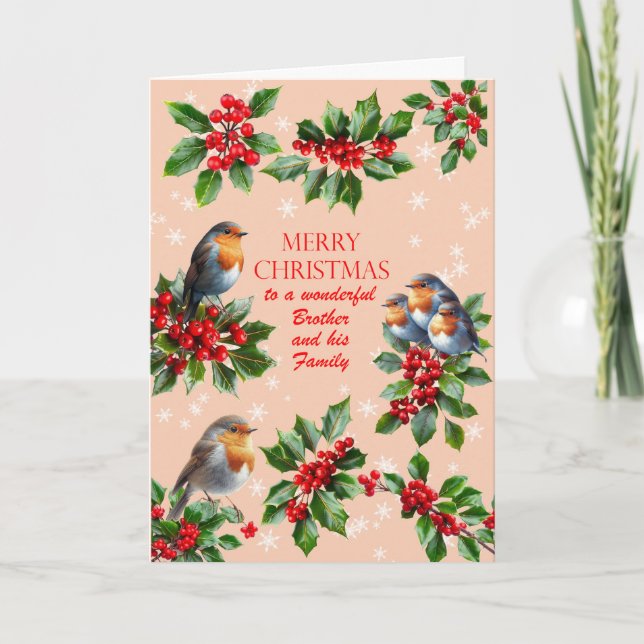 Cartão De Festividades Brother and his Family Robins and Holly Christmas (Frente)