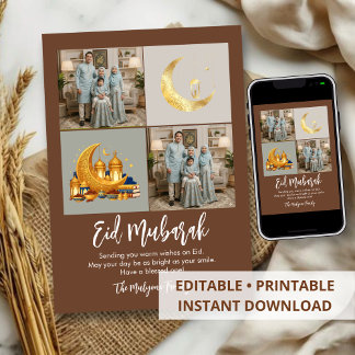 Cartão De Festividades Brown Gold 2 Photo Grid Eid Mubarak Family Photo