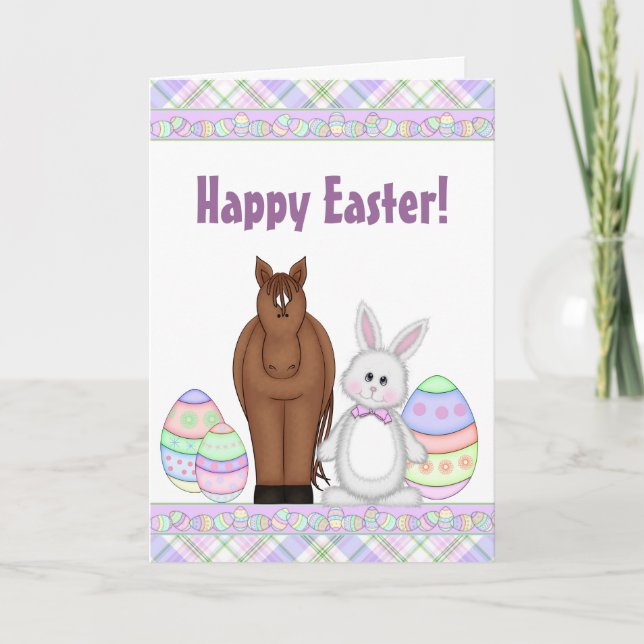 Cartão De Festividades Brown Horse, White Bunny and Eggs Happy Easter (Frente)