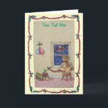 Cartão De Festividades brown puppy watching santas sleigh at christmas<br><div class="desc">This original Christmas illustration shows “Bonzo” the cute brown mixed breed puppy as he watches santa through the window. The snow flakes are falling from the Christmas eve sky as father Christmas flies by on his sleigh, the sleigh piled high with gifts and toys. On the floor next to the...</div>