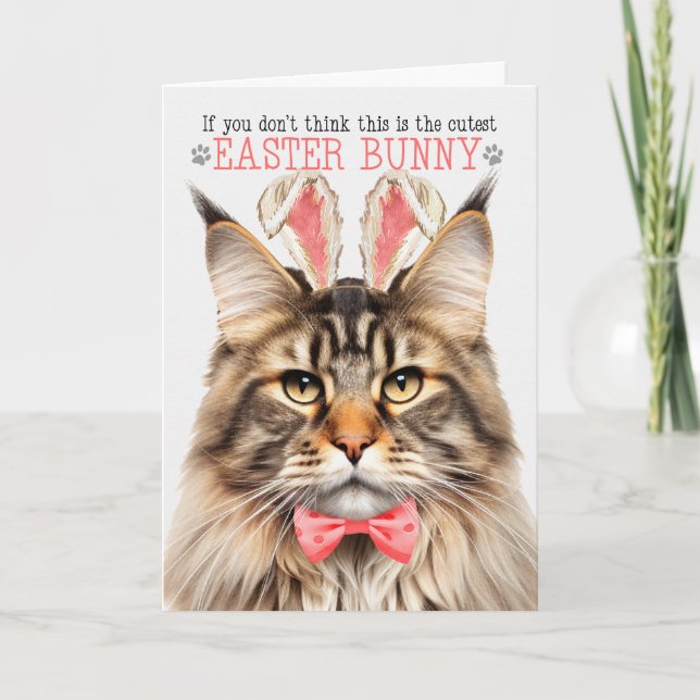 Cartão De Festividades Brown Tabby Maine Coon Cat Bunny Ears para Páscoa (Frente)