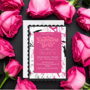 Cartão De Festividades Brunch de Galentine das Meninas Formal Preto Rosa
