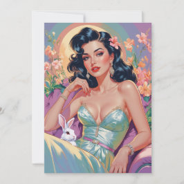 Cartão De Festividades Brunette Pin-Up com coelho da Páscoa