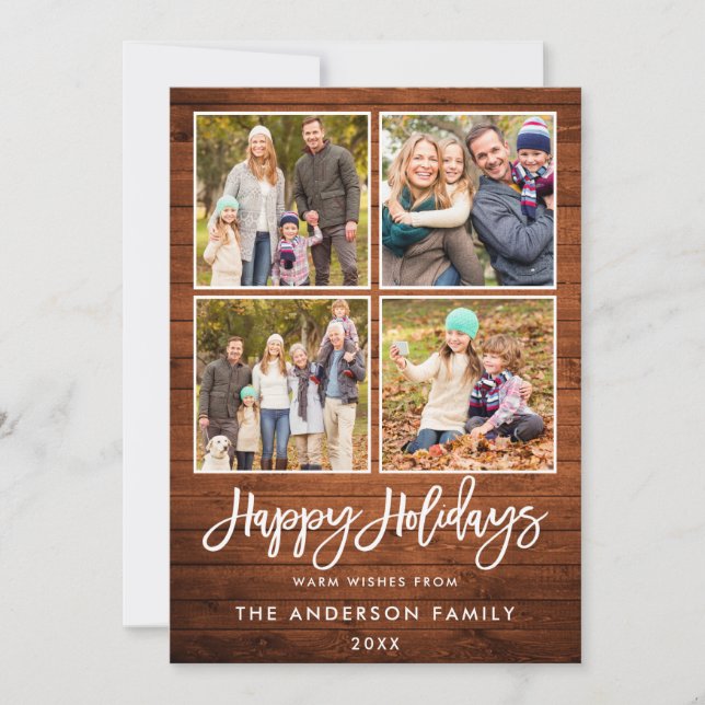Cartão De Festividades Brush Script Happy Holidays Rustic Wood 4 Foto (Frente)