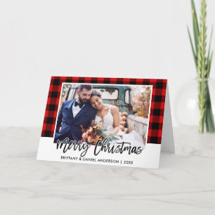 Cartão De Festividades Brush Script Red Plaid Wedding Photo Christmas