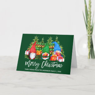 Cartão De Festividades Brush Script Watercolor Gnomes Lights Christmas