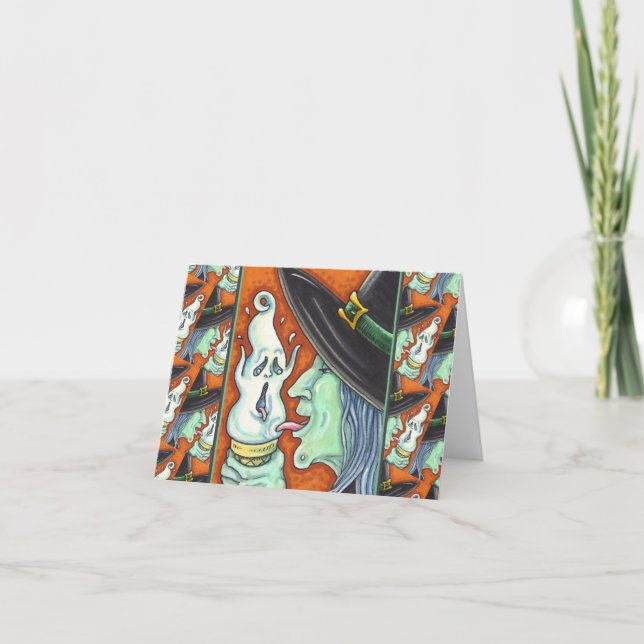 CARTÃO DE FESTIVIDADES BRUXA COMENDO SORVETE GRITANDO, HALLOWEEN (Frente)