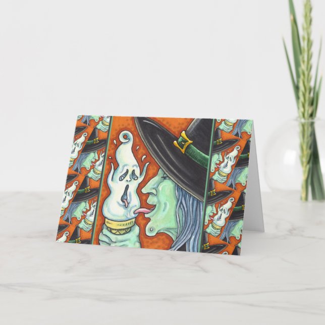 CARTÃO DE FESTIVIDADES BRUXA COMENDO SORVETE GRITANDO, HALLOWEEN H (Frente)