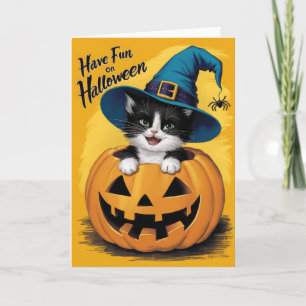 Cartão De Festividades Bruxa de Gatinho Preto e Branco do Halloween Vinta