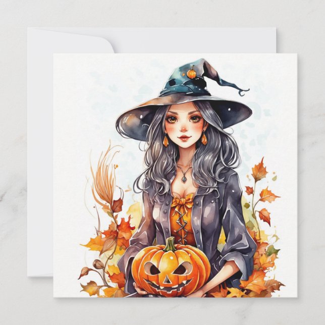 Cartão De Festividades Bruxa de Halloween aquarela com abóbora (Frente)