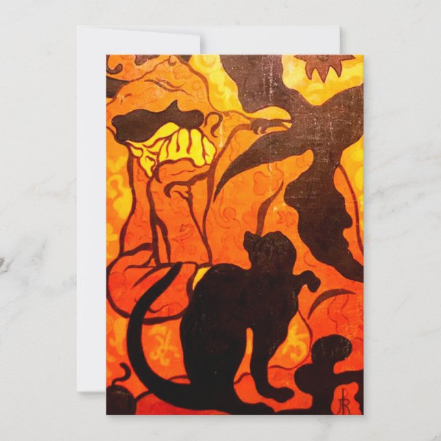 Cartão De Festividades Bruxa de Halloween com um Gato Negro (Frente)