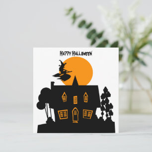 Cartão De Festividades bruxa de Halloween e casa assombrada