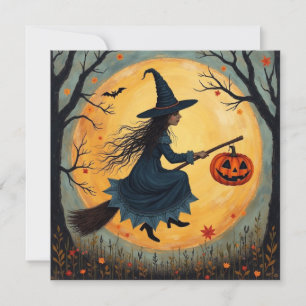 Cartão De Festividades Bruxa de Halloween na vassoura e Lua Cheia