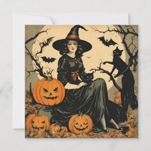 Cartão De Festividades Bruxa de Halloween Vintage, Abóbora, Gato Preto, M