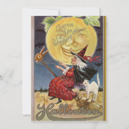 Cartão De Festividades Bruxa de Halloween Vintage e Lua Grande 