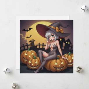 Cartão De Festividades Bruxa do Halloween Olho Verde em Jack-O-Lantern