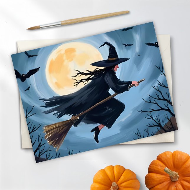 Cartão De Festividades Bruxa em um Broomstick | Feliz Halloween Pintado (Criador carregado)