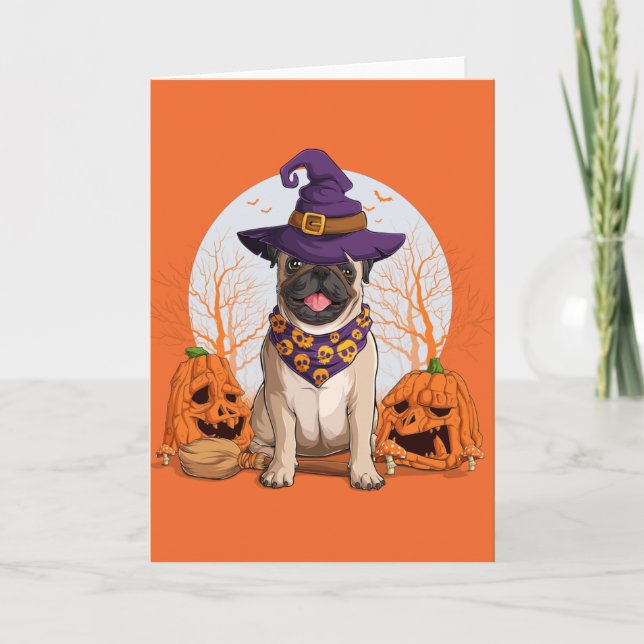 Cartão De Festividades Bruxa Pug Halloween (Frente)