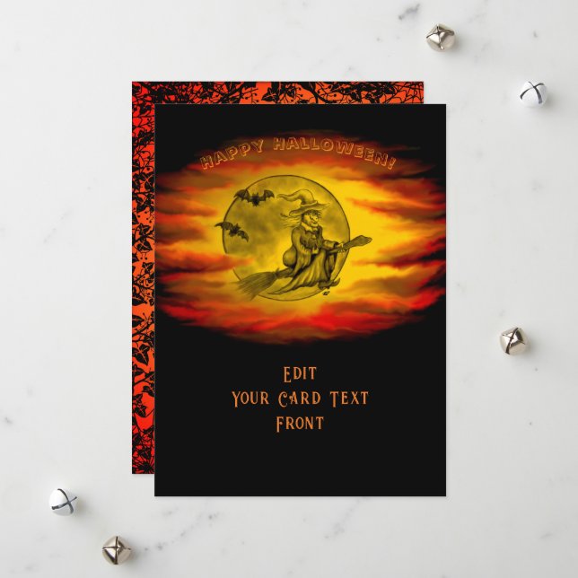Cartão De Festividades bruxa voadora com gato preto, noite de halloween (Frente/Verso In Situ)
