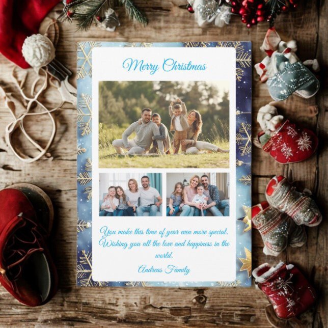 Cartão De Festividades Budget Blue Christmas Plaid  3 Photo Holiday Card (Criador carregado)