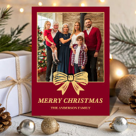 Cartão De Festividades Budget Burgundy & Gold Bow Family Christmas Photo