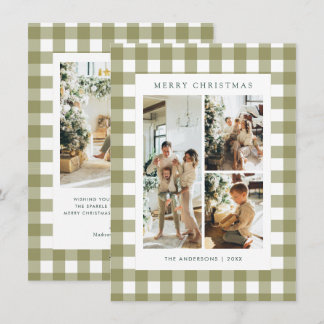 Cartão De Festividades Budget Olive Green Gingham Plaid 4 Photo Christmas