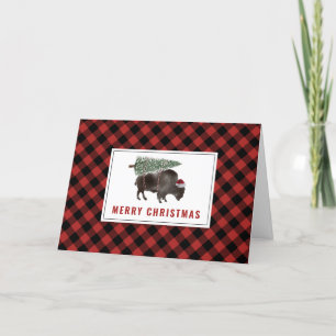 Cartão De Festividades Búfalo Bisonho Natal Árvore de Natal Xadrez Vermel