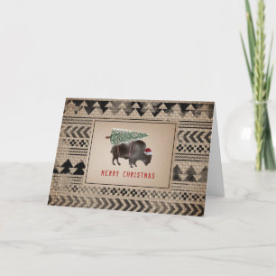 Cartão De Festividades Buffalo Bison Papais noeis Feliz Árvore de Natal B