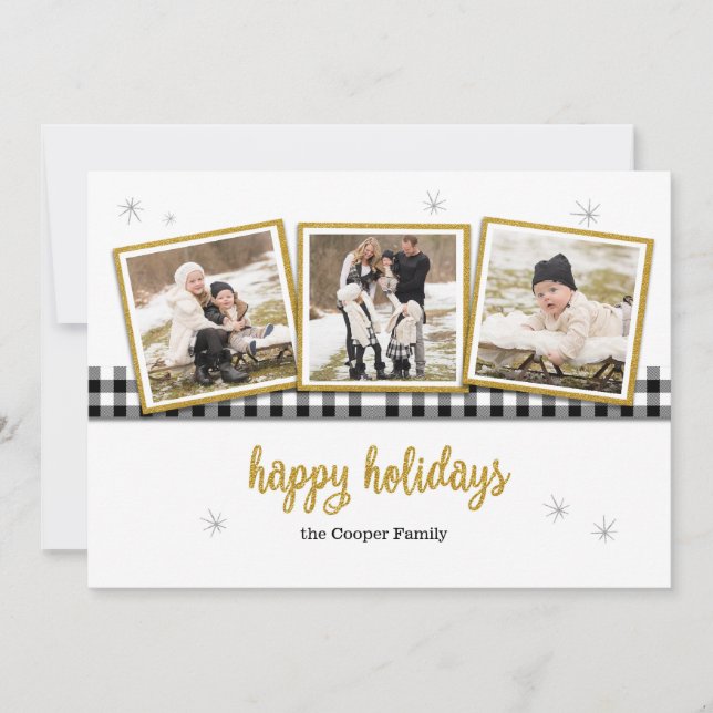 Cartão De Festividades Buffalo Check and Gold 3-Photo Happy Holidays Card (Frente)
