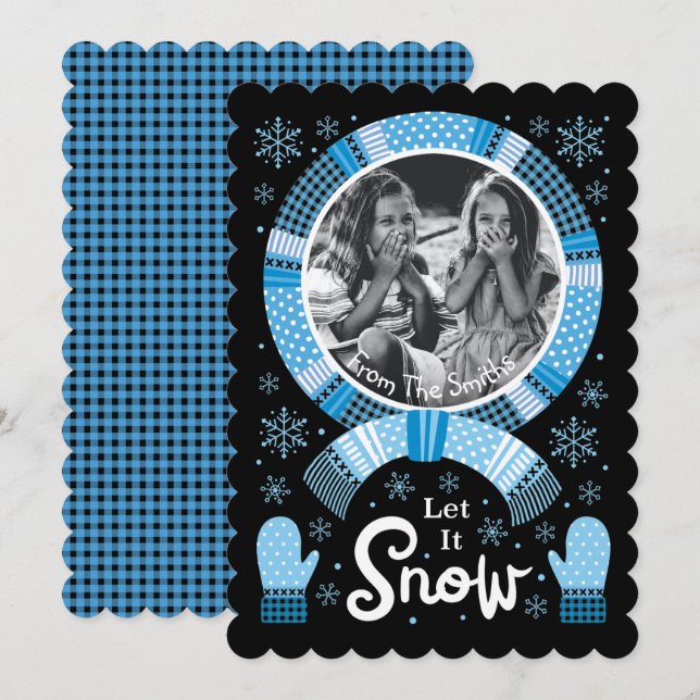 Cartão De Festividades Buffalo Check Deixe-o Neve Foto Azul Preto (Frente/Verso)