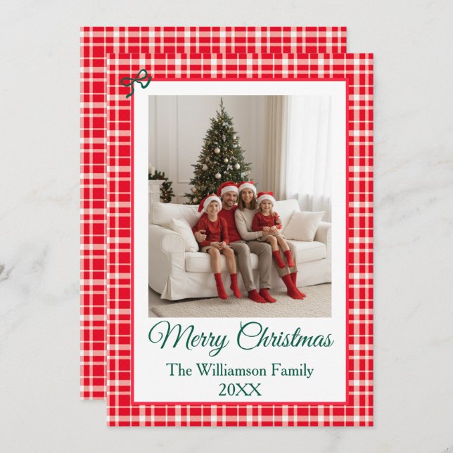 Cartão De Festividades Buffalo Check Style Photo Frame Merry Christmas (Frente/Verso)