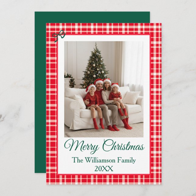 Cartão De Festividades Buffalo Check Style Photo Red and Green Christmas (Frente/Verso)