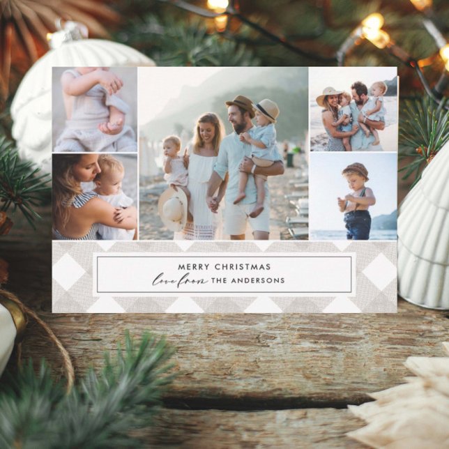 Cartão De Festividades Buffalo tartan natural moderno 5 fotos Natal (Criador carregado)
