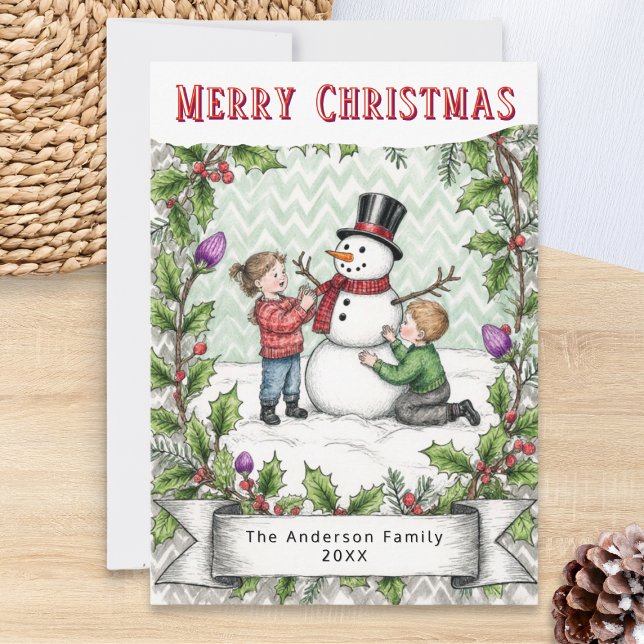 Cartão De Festividades Building a Snowman | Retro Personalized Christmas (A personalized Christmas card in retro style, with whimsical picture of children building a snowman)