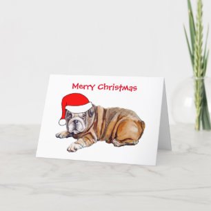 Cartão De Festividades Buldogue Fofo Chapéu de Papai Noel Natal
