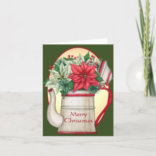 Cartão De Festividades Bule de chá antigo com Natal de poinsettias