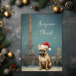 Cartão De Festividades Bulldog Francês da Torre Eiffel de Natal Vintage