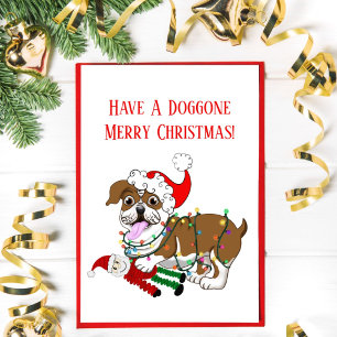 Cartão De Festividades Bulldog Inglês Com Luzes de Natal Feliz Natal