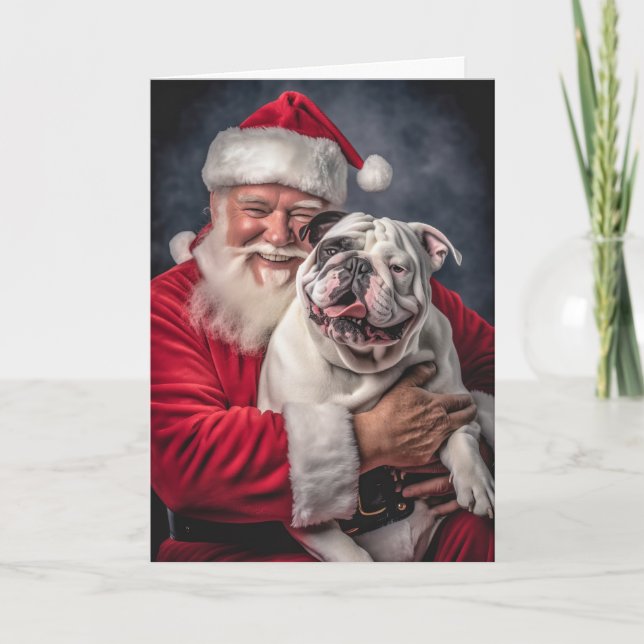 Cartão De Festividades Bulldog Inglês e Papai Noel #1 (Frente)