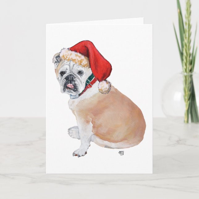 Cartão De Festividades Bulldog Inglês em Santa Hat (Frente)