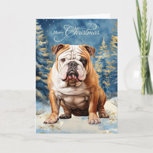 Cartão De Festividades Bulldog Inglês Pinheiro Floresta de Inverno Natal