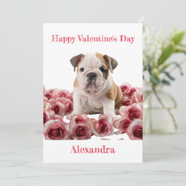 Cartão De Festividades Bulldog Personalizado com Namorados de Rosas Rosa