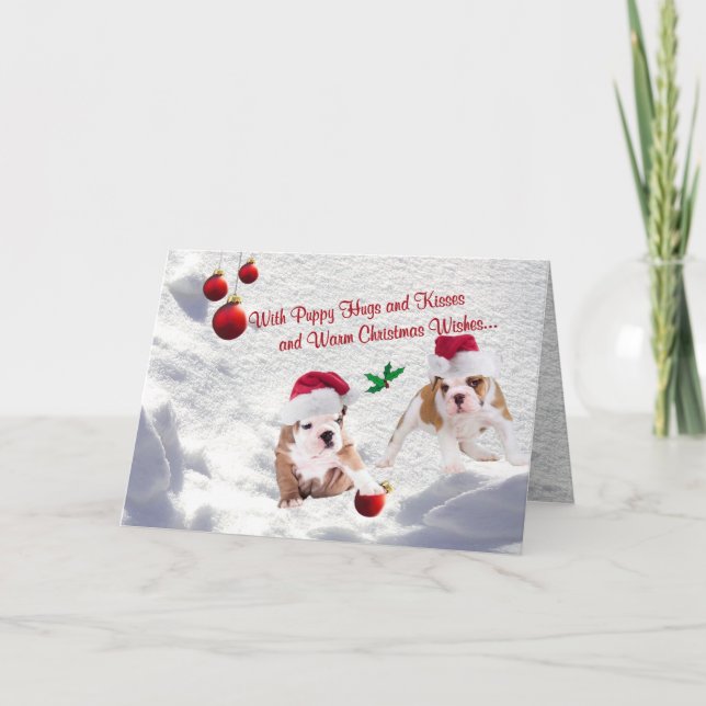 Cartão De Festividades Bulldog Puppies Christmas Snow Scene Wishes (Frente)