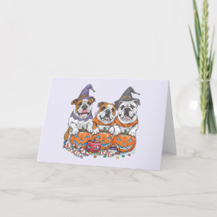 Cartão De Festividades Bulldogs Ingleses de Halloween Abóbora